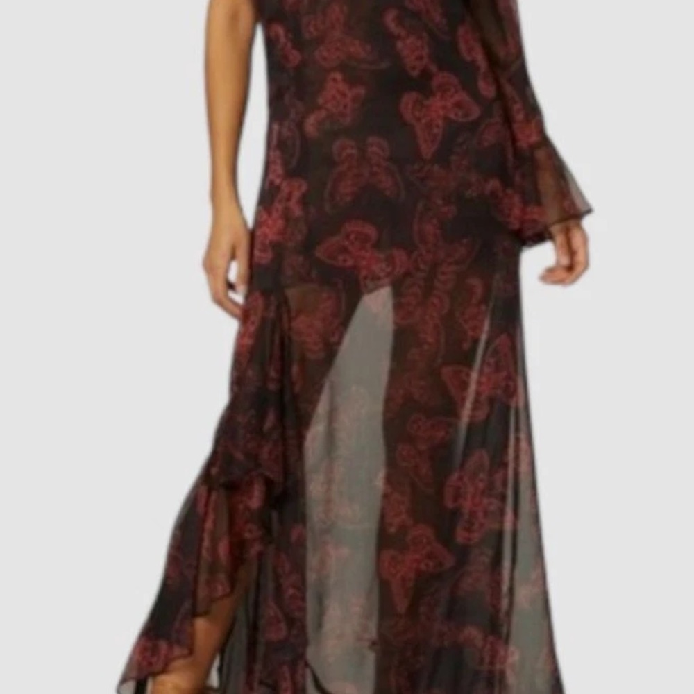 Misa Los Angeles Black Sheer Dress with Red Butterfly Size S